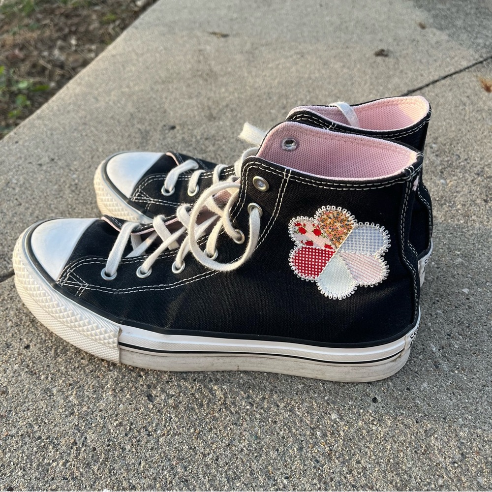 Black Platform Converse with Pink Floral Patchwork
